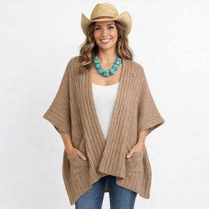 Cocogio Acrylic Wool Alpaca Blend Open Cardigan Poncho One Size Fits Most Tan